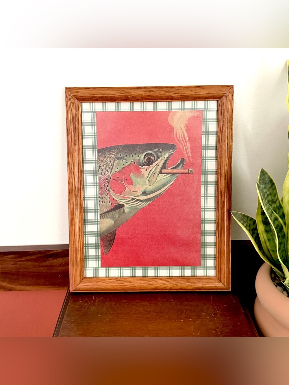 Trout Fish Smoking a Cigarette Vintage Style Canvas Wall Art Print Wood Framed